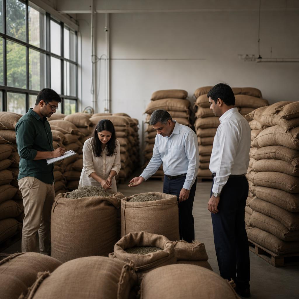 Indian coffee export team inspecting prepared jute bags