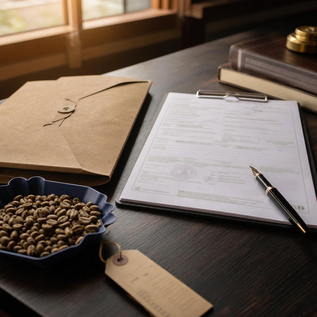 Coffee export documentation prepared on a desk