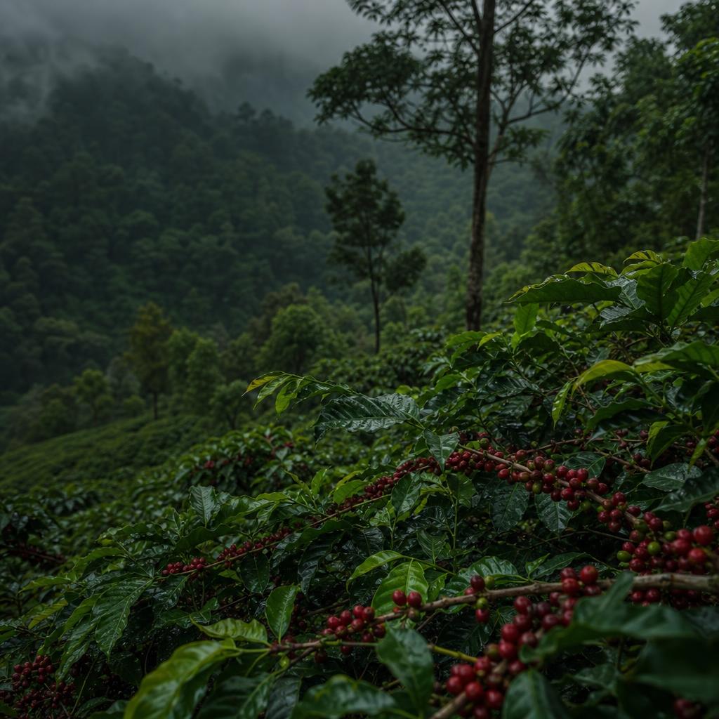 Ripe coffee cherries under shade in the Western Ghats